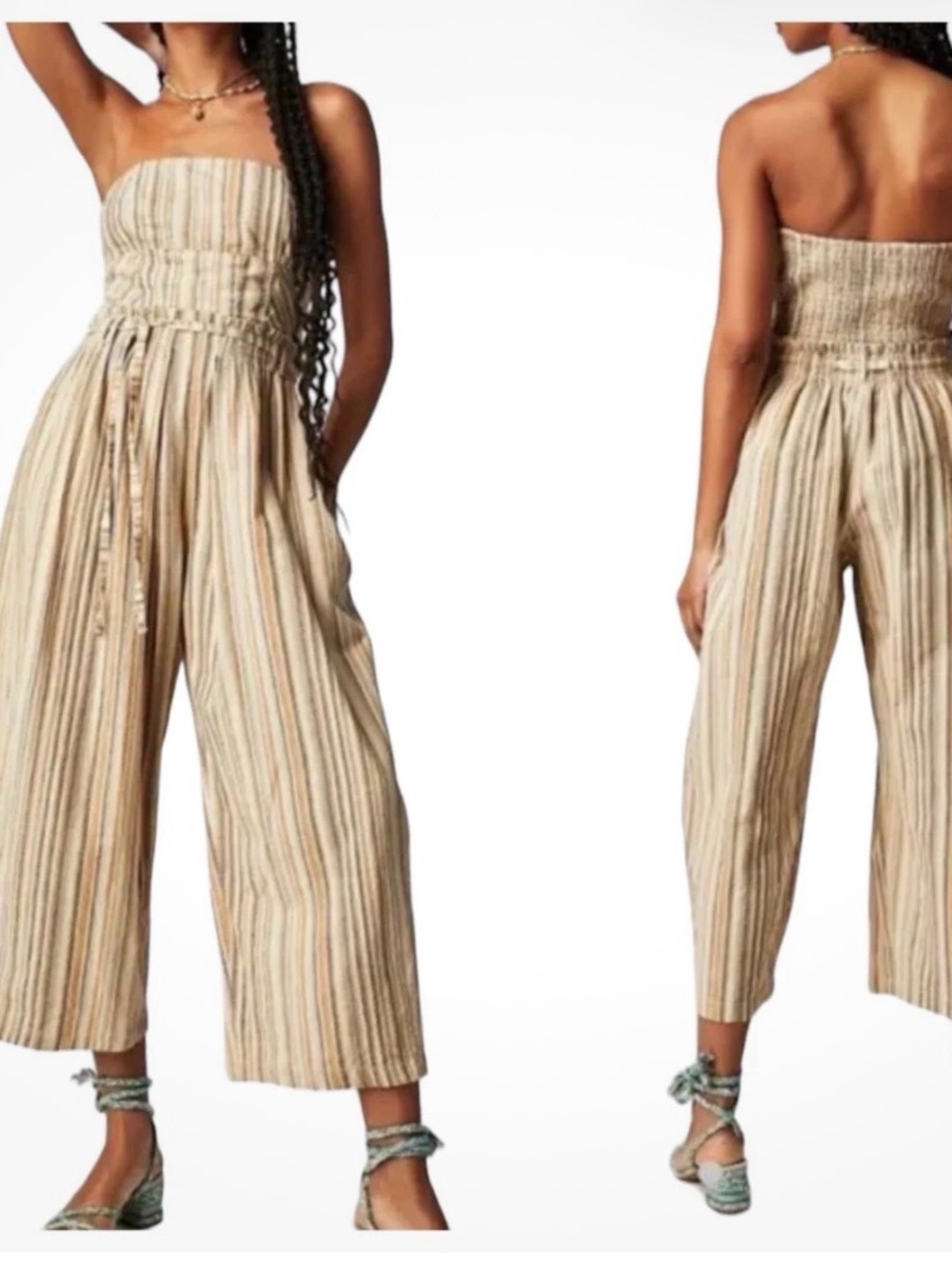 Free People Strapless Striped Tie-Waist barrell  leg Jumpsuit in Beige & Cream